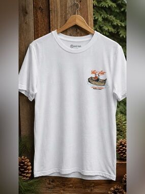 White Short Sleeve Tee with Orange Boat Graphic “Get Lost & Find Yourself”